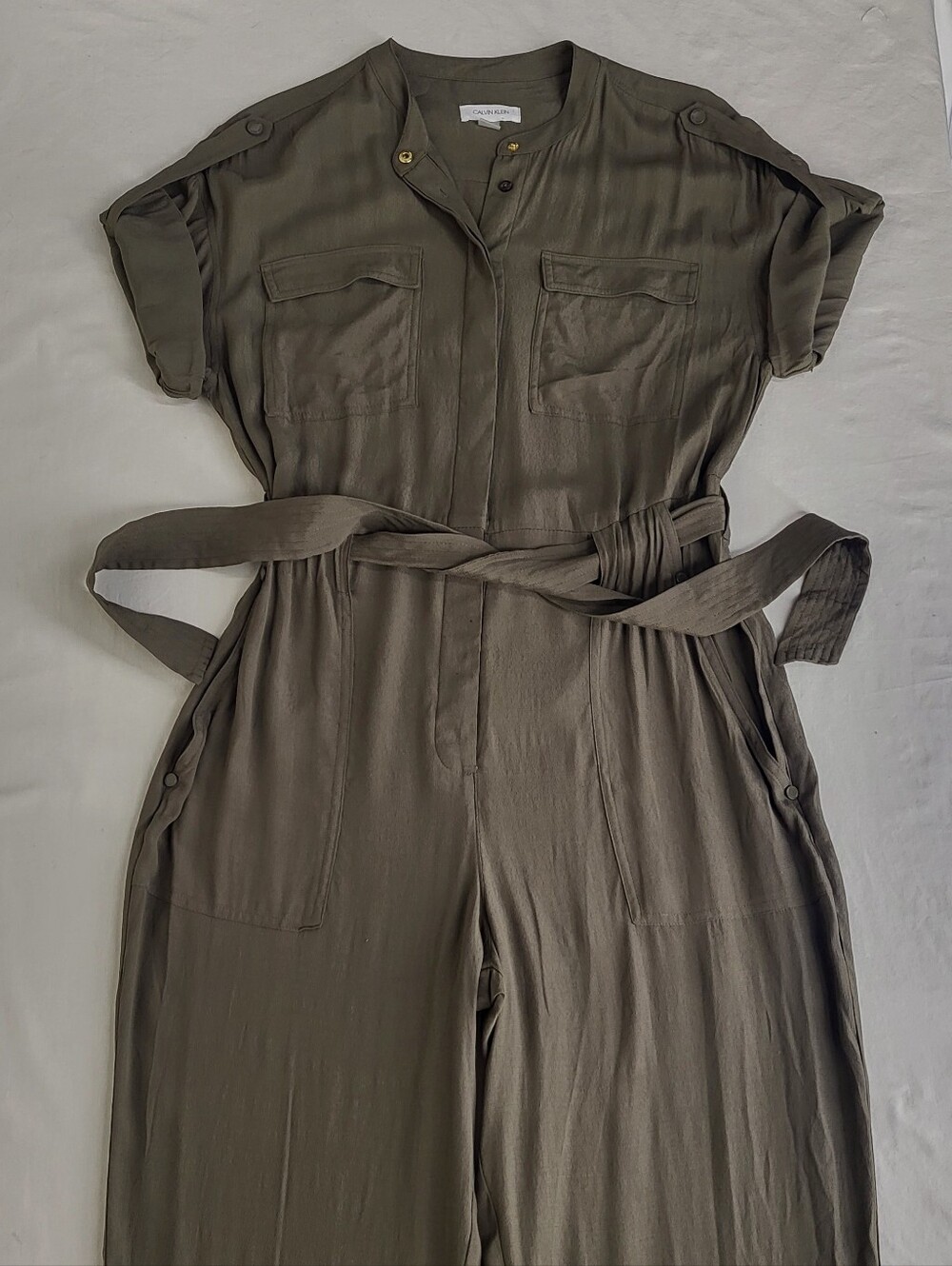 New Calvin Klein Short Sleeve Tie Waist Green Cropped Utility Jumper Size 6